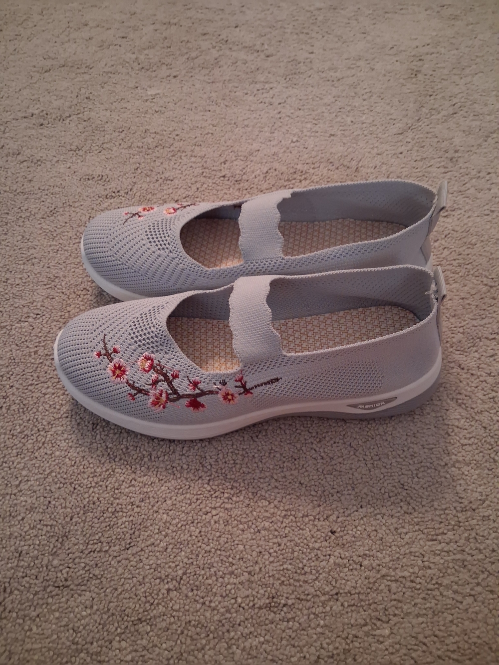 Light Gray Knit Mary Jane Flats with Floral Embroidery Very Comfortable